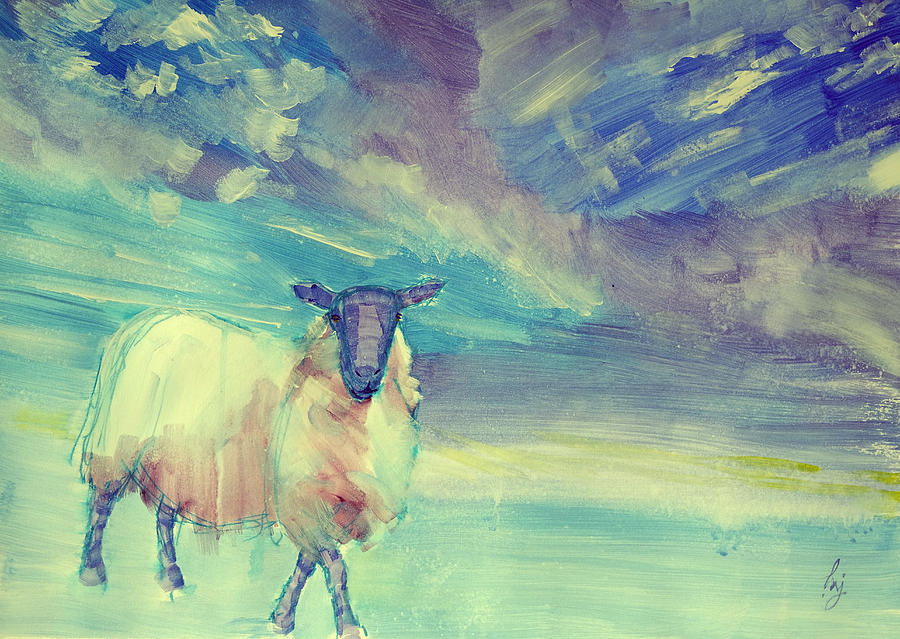Surreal sheep and dramatic colorful sky painting Painting by Mike Jory