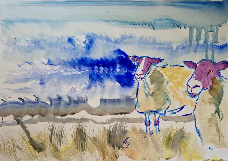 Sheep Painting - Surreal sheep painting under stormy sky by Mike Jory