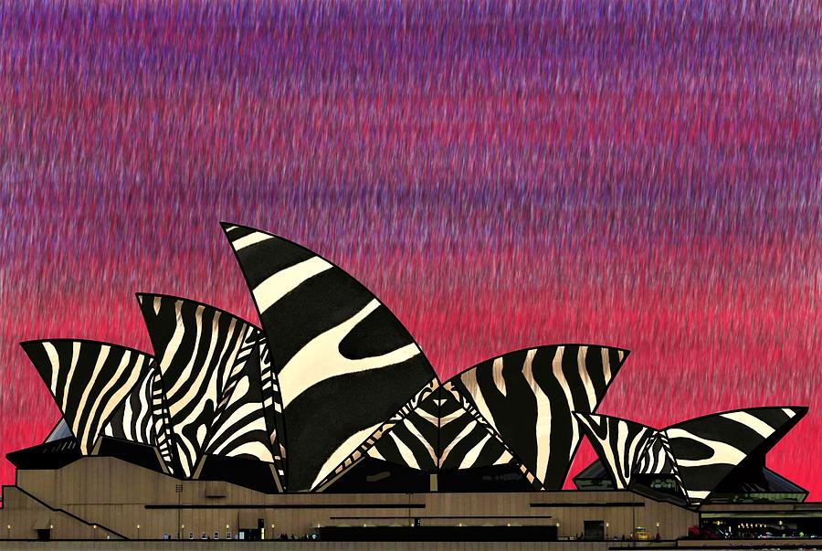 Surreal Sydney Opera House Zebra Striped Roof Mixed Media by Joan Stratton