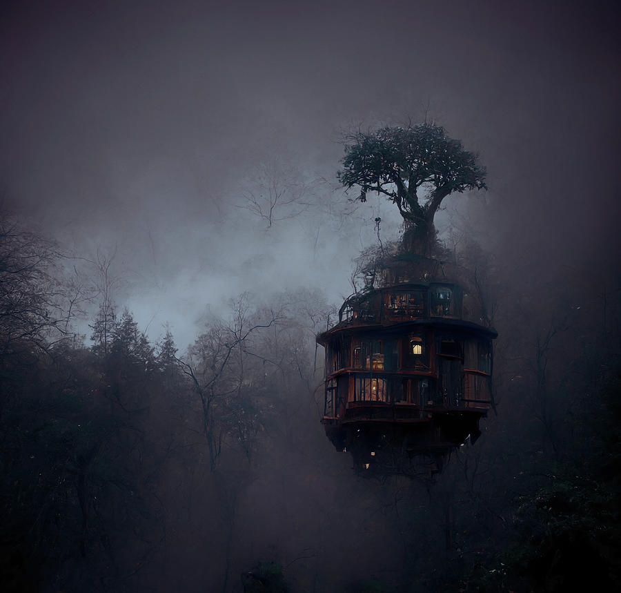 Surreal Treehouse In Fog Digital Art by Dan Sproul