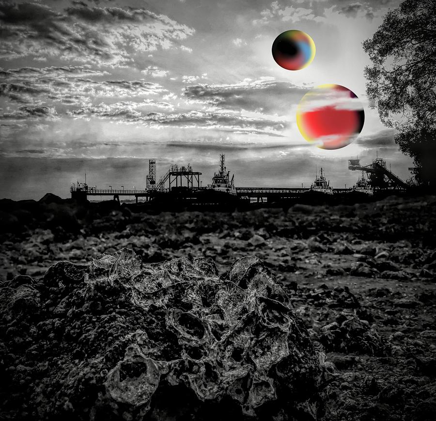 Surreal World Oyster Rocks Behind The Port Of Weipa Black And White Mixed Media by Joan Stratton