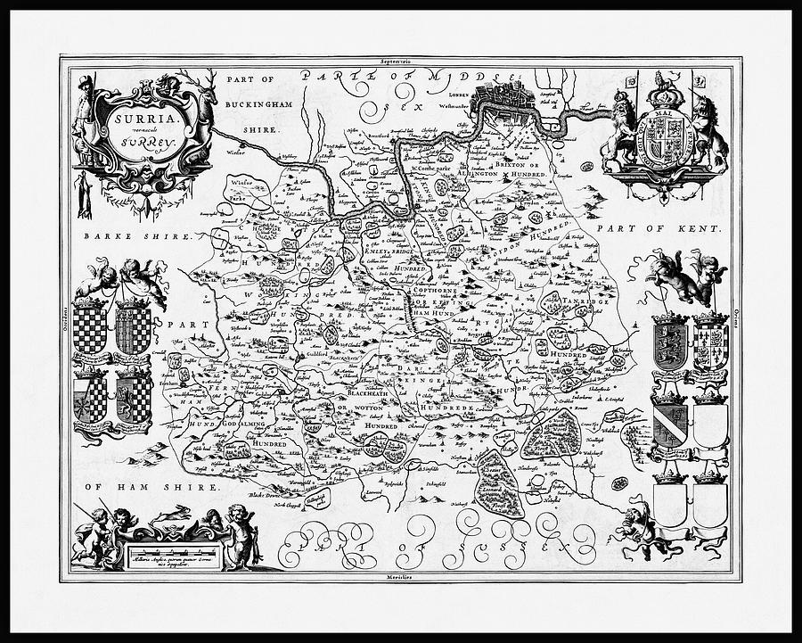 Vintage Photograph - Surrey England Antique Vintage Map 1646 Black and White by Carol Japp
