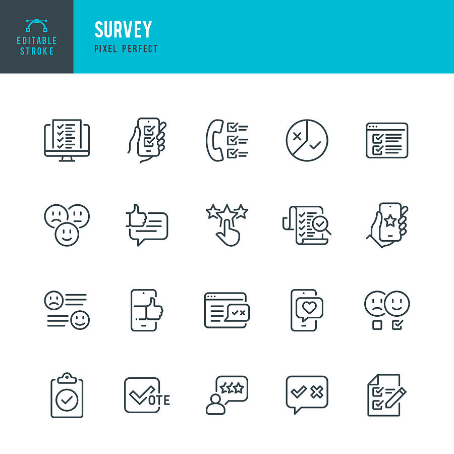 SURVEY - thin line vector icon set. Pixel perfect. Editable stroke. The set contains icons: Questionnaire, Survey, Feedback, Rating, Customer Satisfaction,  Examining, Voting. Drawing by Fonikum