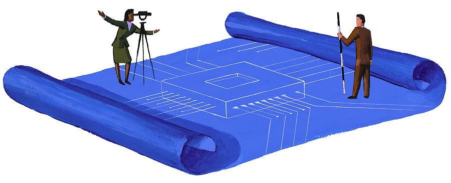 Surveyors with Blueprint Drawing by Jonathan Evans