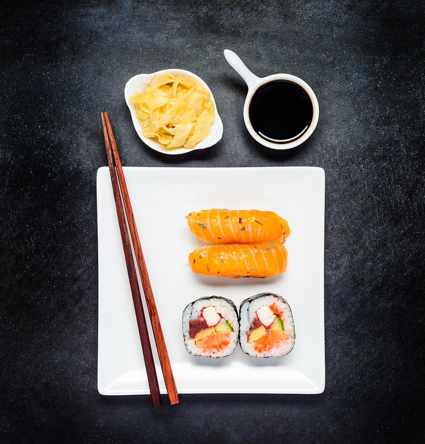 Sushi with Tsukemono and Soy Sauce on White Plate Photograph by Xfotostudio