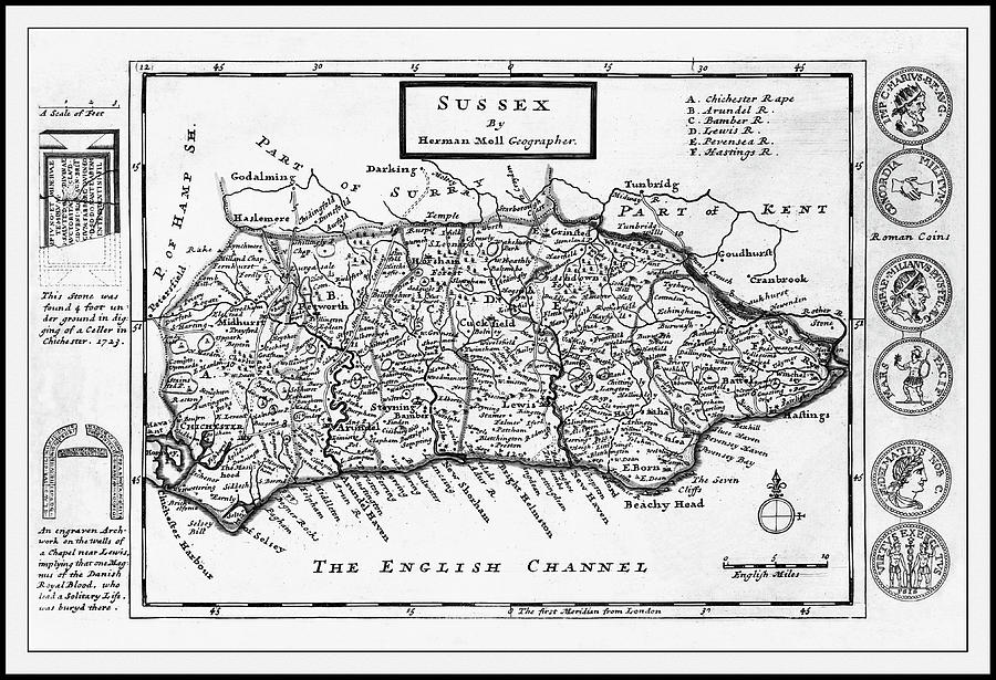 Vintage Photograph - Sussex England Vintage Historical Map 1724 Black and White  by Carol Japp