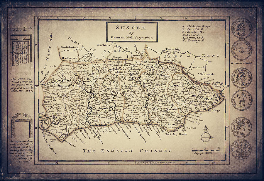 Vintage Photograph - Sussex England Vintage Historical Map 1724 Sepia  by Carol Japp