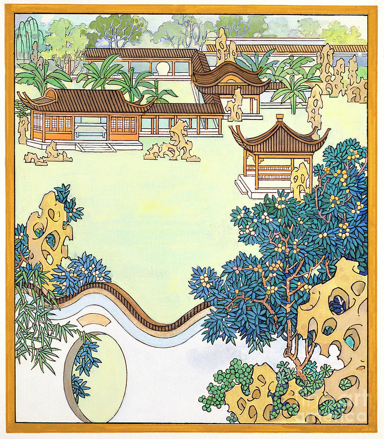 Suzhou Gardens V - Navy Tones Painting by Sun Chuanzhe