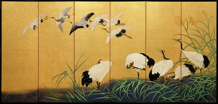 Suzuki Kiitsu - Reeds and Cranes Painting by Les Classics
