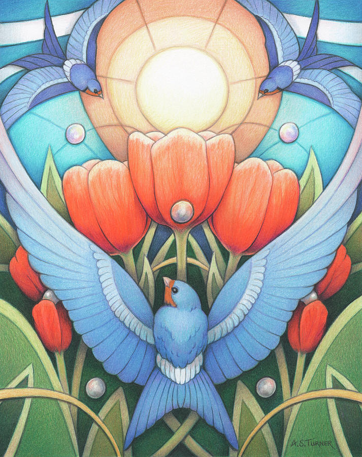 Swallow Triad With Tulips And Pearls - Stained Glass Rough Drawing