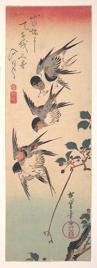 Swallows and Budding Wild Cherry ca. 1835 Utagawa Hiroshige Japanese 2 Painting by Artistic Rifki