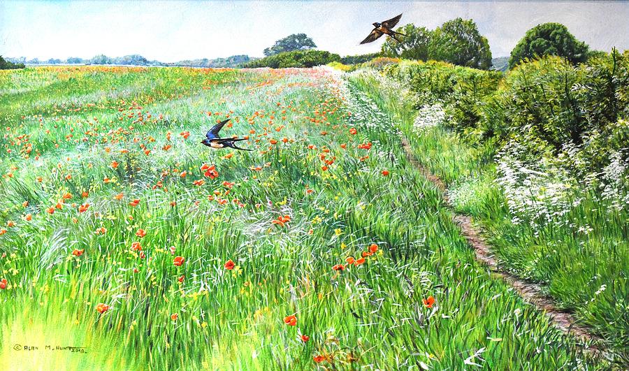 Swallows over the meadow Painting by Alan M Hunt