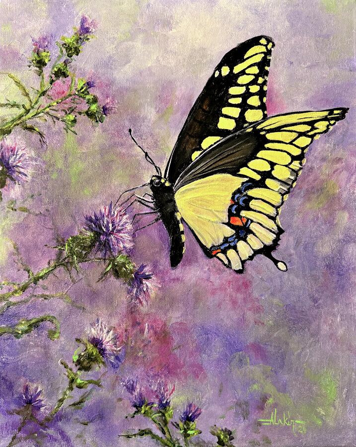 Swallowtail on Thistles Painting by Alan Lakin