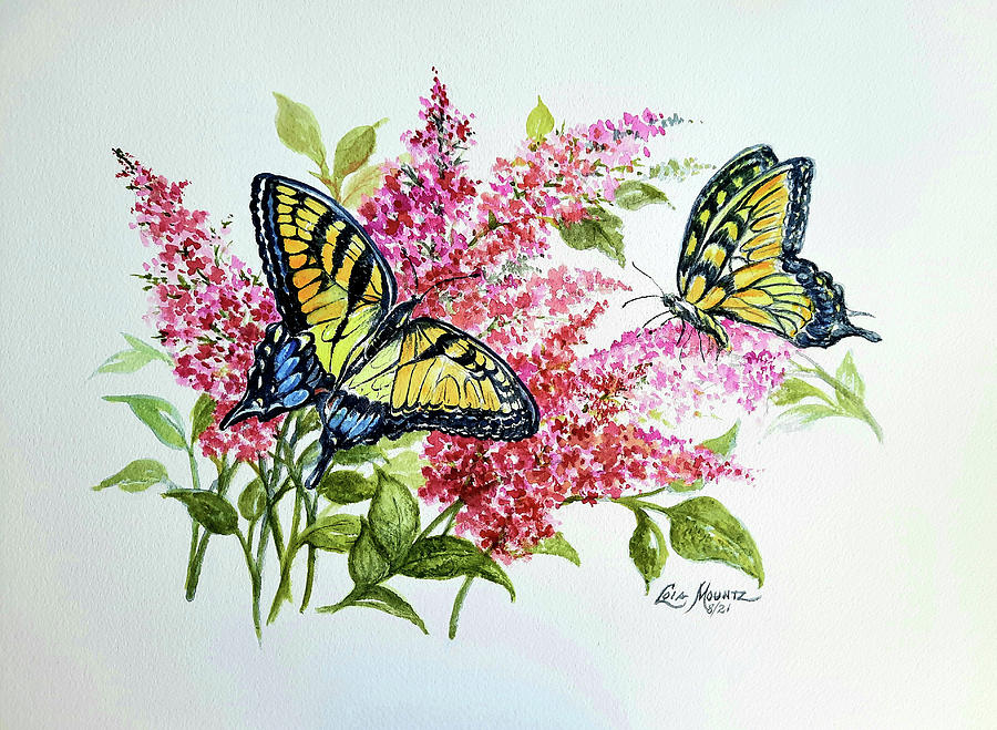Swallowtails n Butterfly Bush  Painting by Lois Mountz