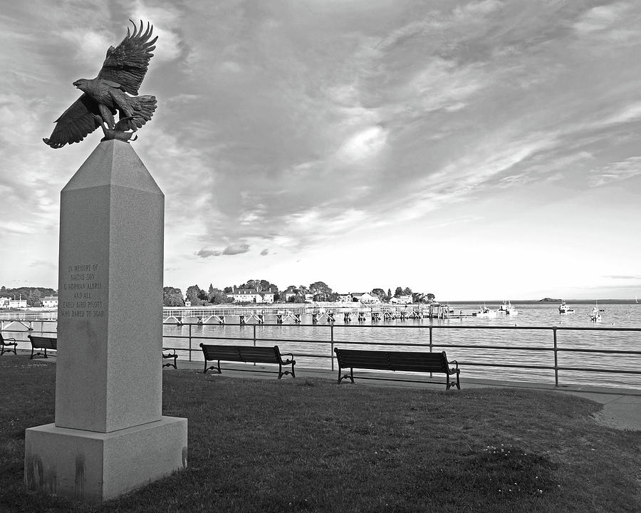 Swampscott Yacht Club Swampscott MA Pier Eagle Statue Black and White Photograph by Toby McGuire