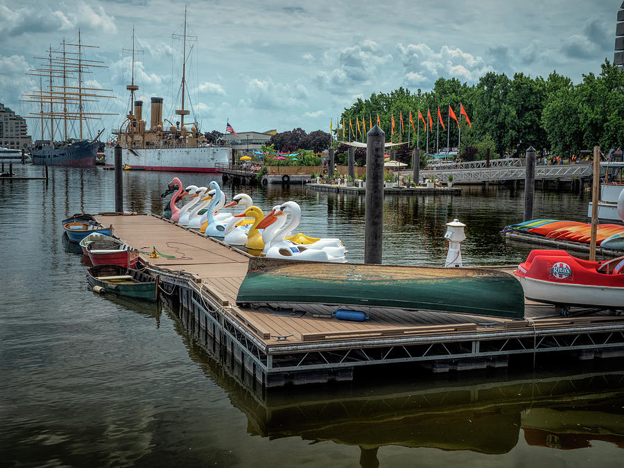 Swan Boats and Row Boats at Penns Landing Photograph by Kristia Adams