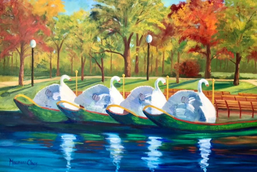 Swan Boats, Boston Public Gardens  Painting by Maureen Obey