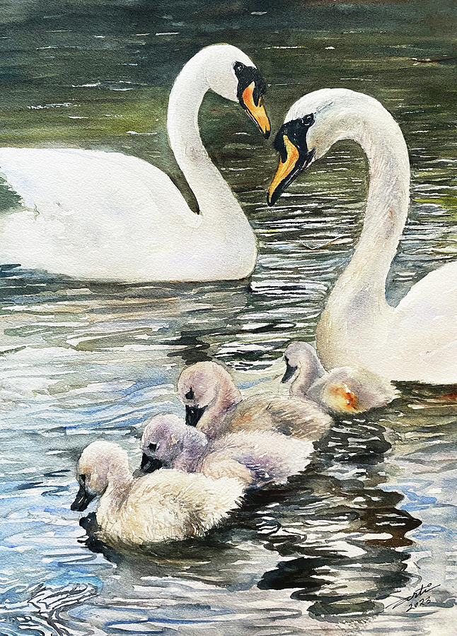 Swan Family Painting by Arti Chauhan