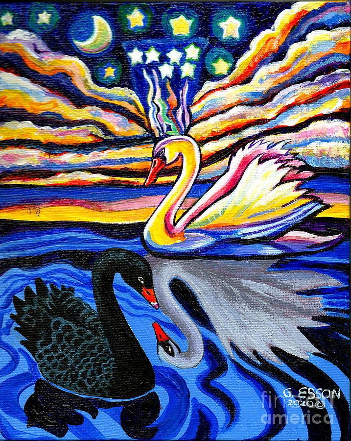 Swan Lake At Sunset Yin Yang Painting by Genevieve Esson