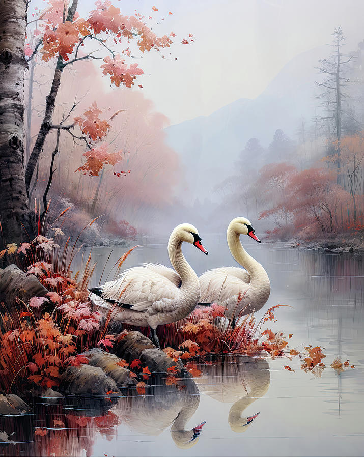 Swans in Autumn Mist Digital Art by Brian Tarr