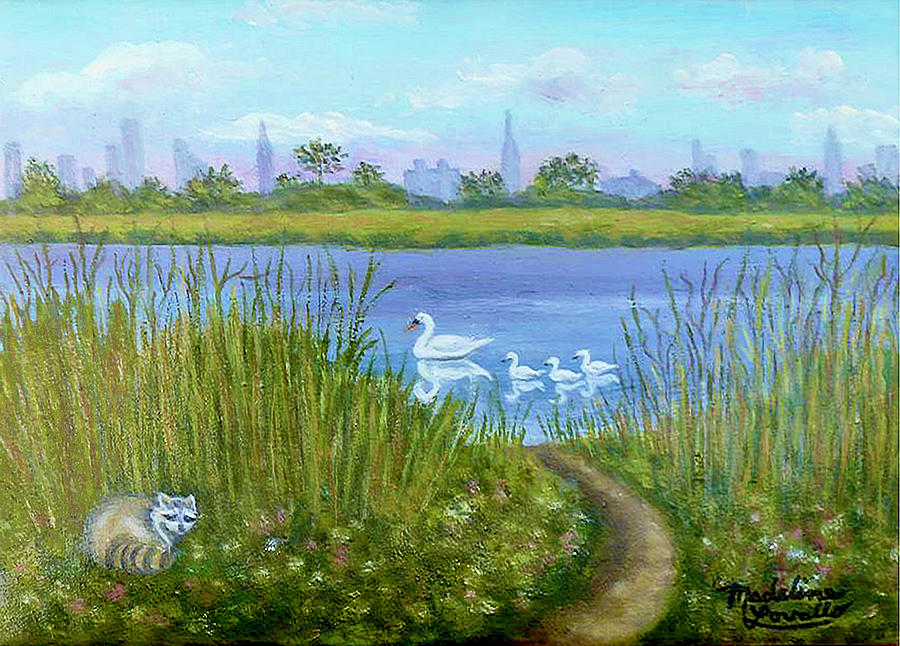 Swans in Jamaica Bay Painting by Madeline Lovallo