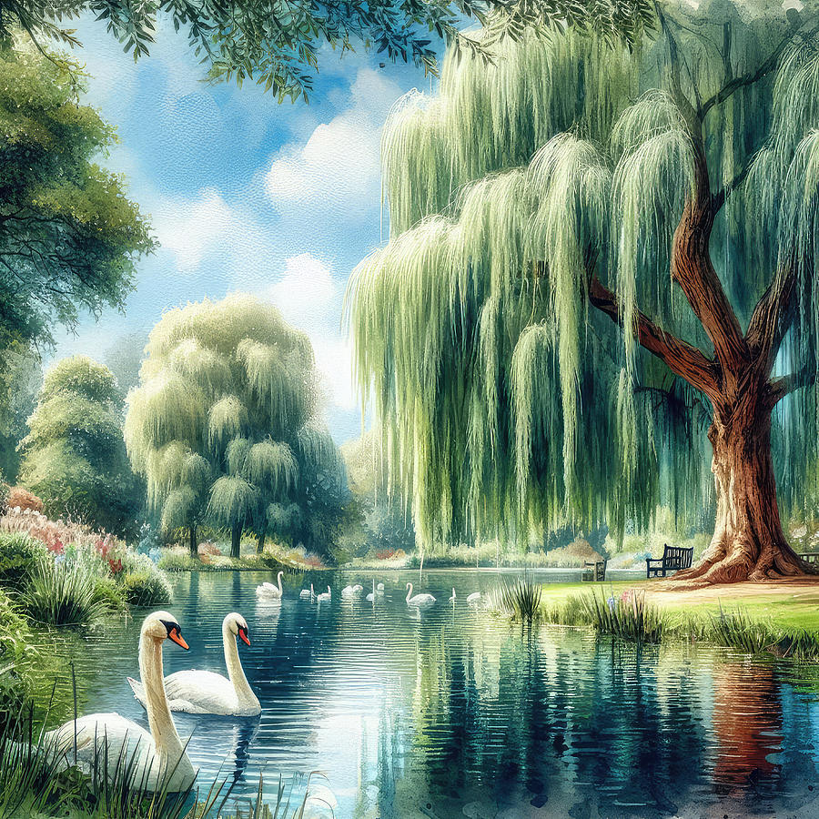 Swans in the Park Digital Art by Kim Hojnacki