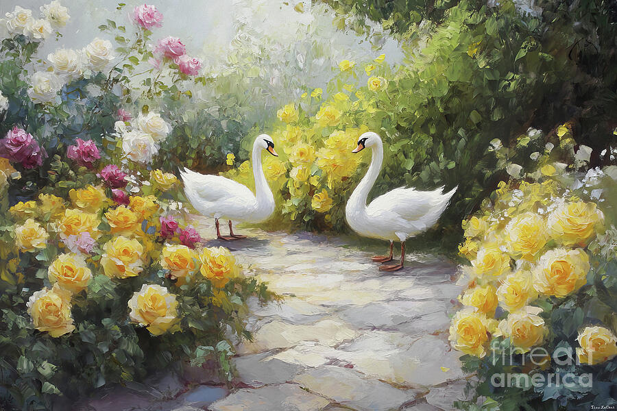Swans In The Rose Garden 2 Painting by Tina LeCour Swans In The Rose Garden 2 Painting by Tina LeCour