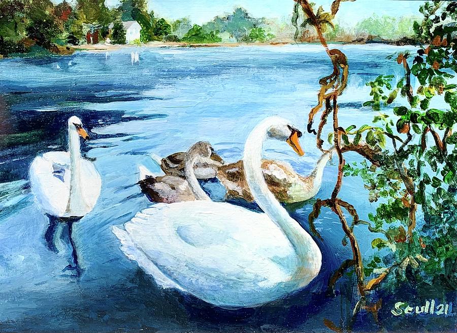 Swans on Burnt Mill Pond Painting by Judith Scull