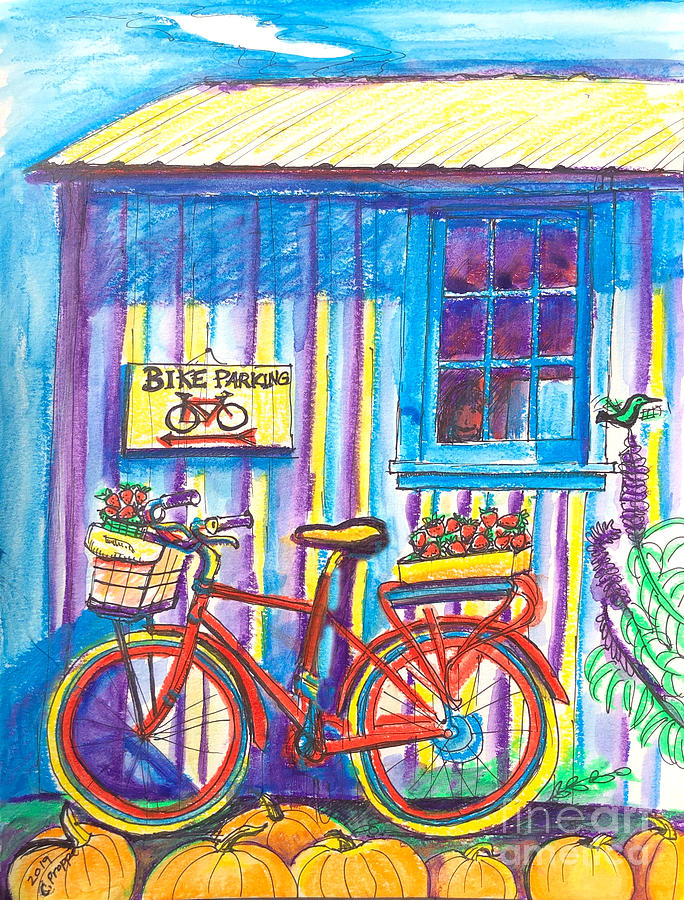 Strawberry Drawing - Swantons Strawberry Farm Bike and Pumpkins by Colleen Proppe