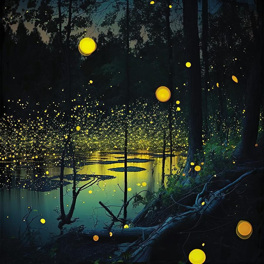 Swarm Of Fireflies In A Lake Digital Art by Damien Adam - Fine Art America