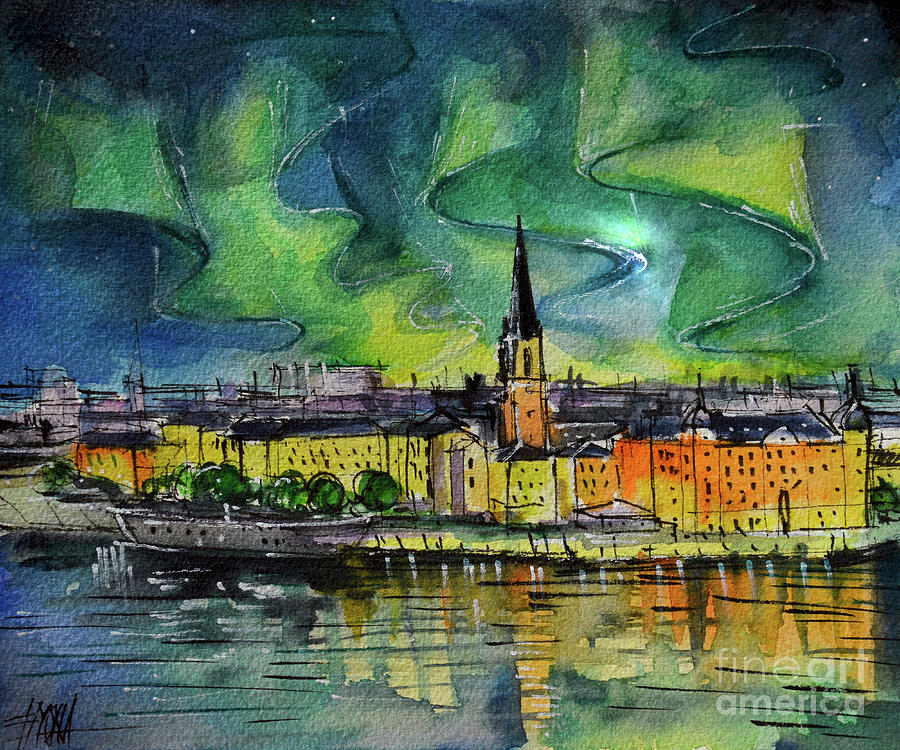 SWEDEN STOCKHOLM NORTHERN LIGHTS MAGIC watercolor painting Mona Edulesco Painting by Mona Edulesco