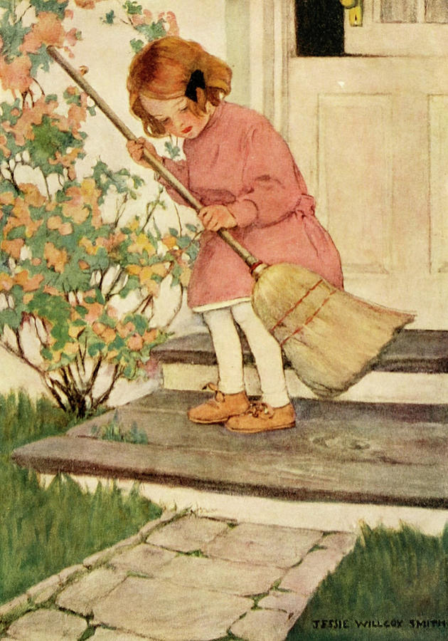 Book Drawing - Sweeping the Doorstep from Dream Blocks 1908 by Jessie Willcox Smith