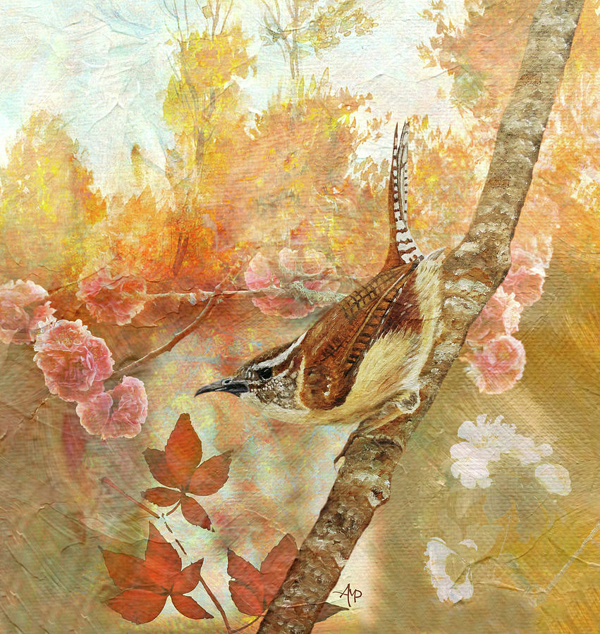 Sweet Autumn Carolina Wren Painting by Angeles M Pomata