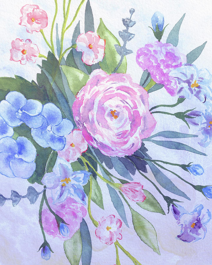 Sweet Blue Pink Purple Watercolor Flowers Painting