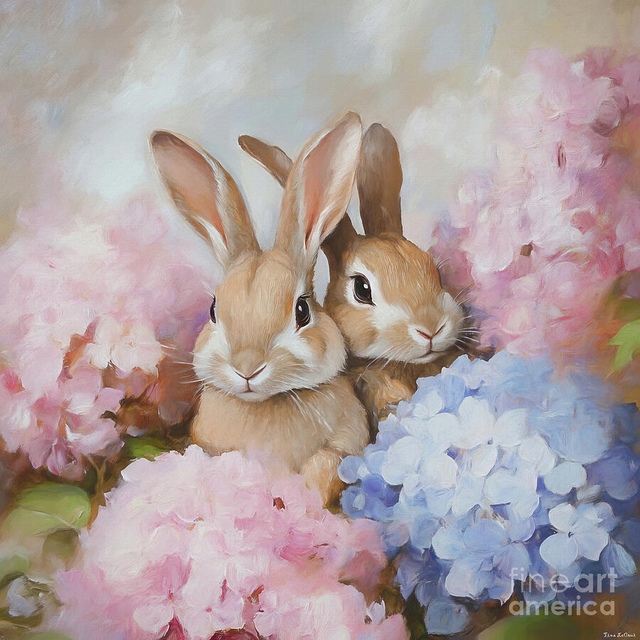 Sweet Bunnies In The Hydrangeas Painting by Tina LeCour Sweet Bunnies In The Hydrangeas Painting by Tina LeCour