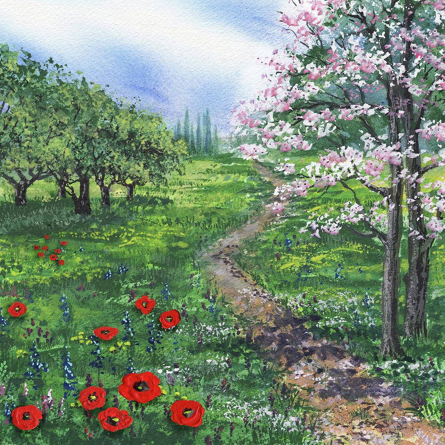 Sweet Country Red Poppies Field Blooming Trees   Painting by Irina Sztukowski
