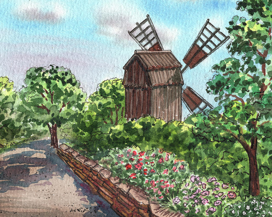 Sweet Country Vintage Windmill Watercolor  Painting by Irina Sztukowski