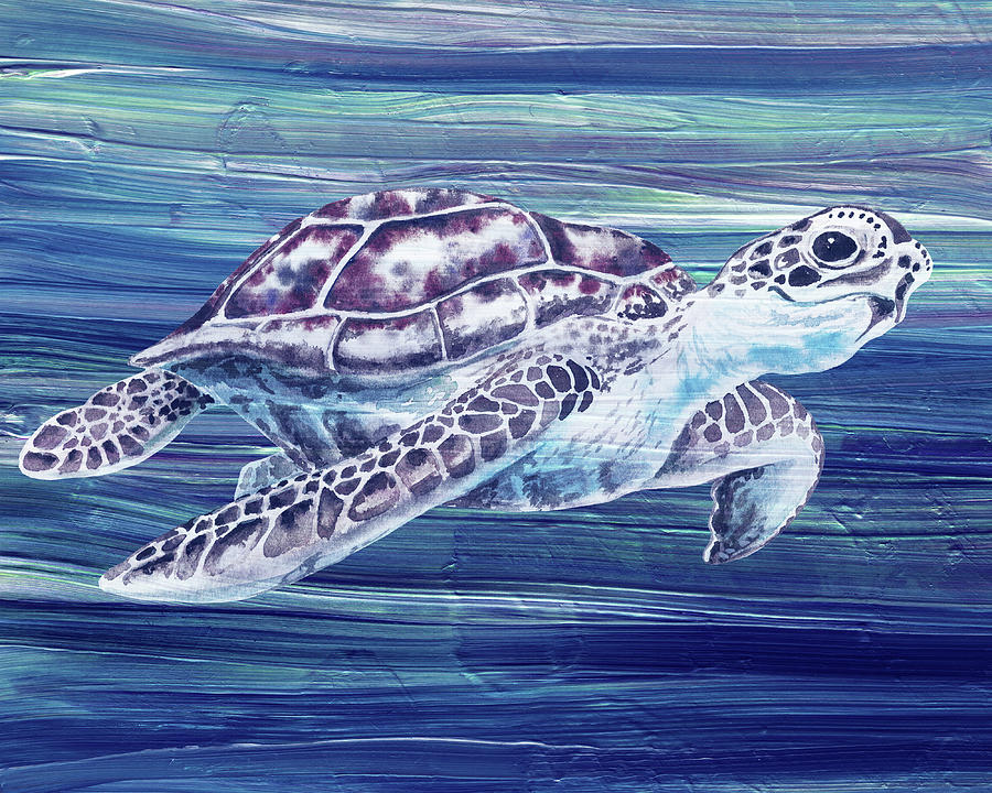 Sweet Cute Turtle Resting On The Blue Wave  Painting by Irina Sztukowski