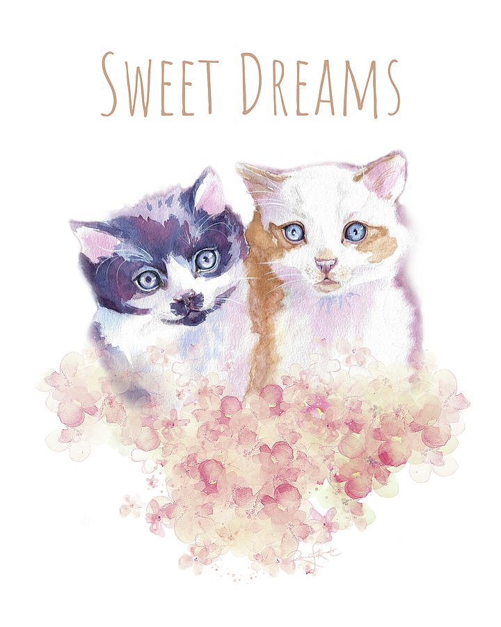 Sweet Dreams Watercolor Kittens Gold Floral Accent Babys Room Wall Art Painting by Renee Forth-Fukumoto