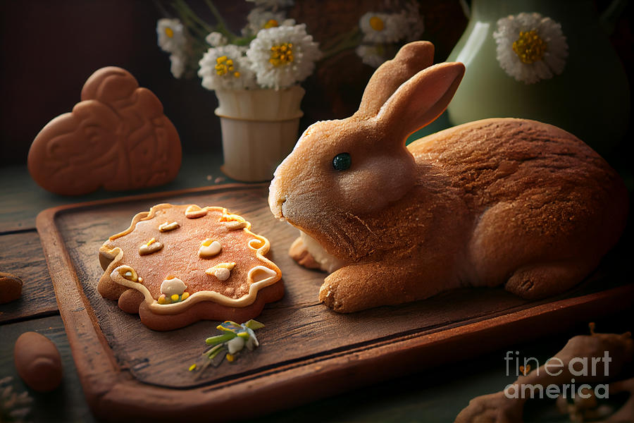 Easter Digital Art - Sweet Easter Surprise, Photorealistic Bunny Cookies in Festive Colors by Jeff Creation
