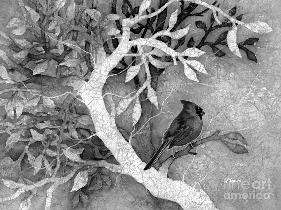 Northern Cardinal Painting - Sweet Memories I in Black and White by Hailey E Herrera