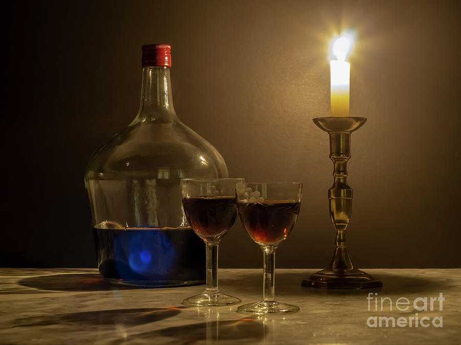Sweet Muscat Wine With Two Old Crystal Glasses By Candlelight Photograph by Pablo Avanzini