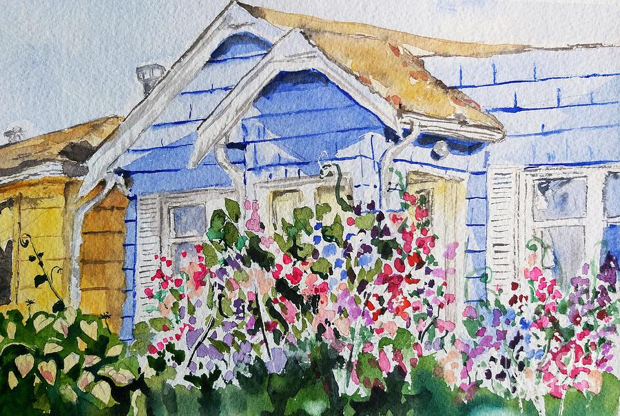 Sweet Peas and the Old Blue House Painting by Sonia Mocnik