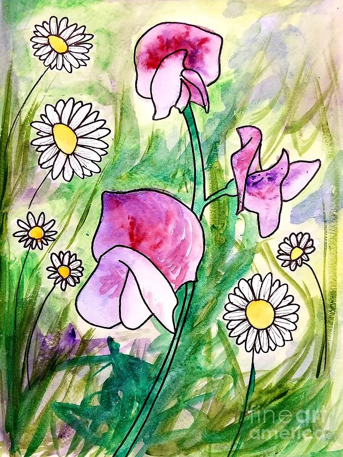 Sweet Peas in Watercolor Painting by Expressions By Stephanie