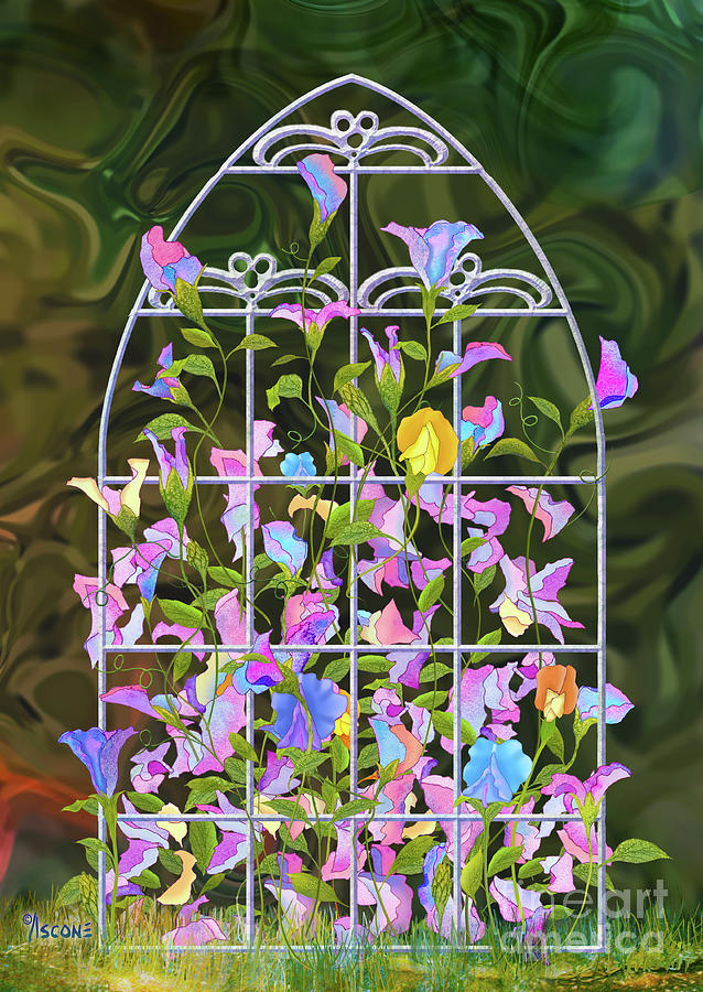 Sweet Peas with Trellis Painting by Teresa Ascone