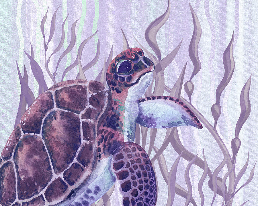 Sweet Purple Watercolor Turtle And Seaweed Beach Art  Painting by Irina Sztukowski