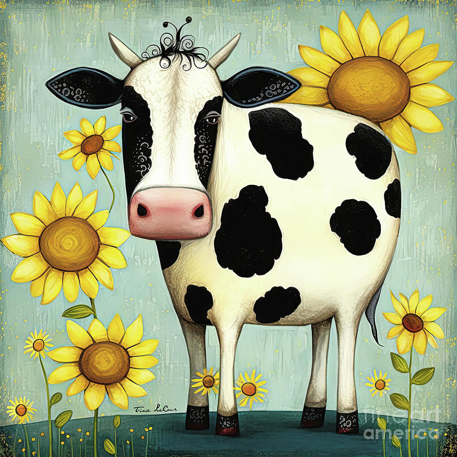 Black And White Painting - Sweet Sunflower Cow by Tina LeCour