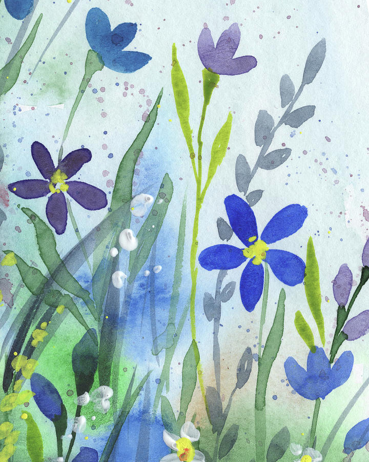 Sweet Wildflowers In The Field Abstract Cool Tones Watercolor V Painting by Irina Sztukowski