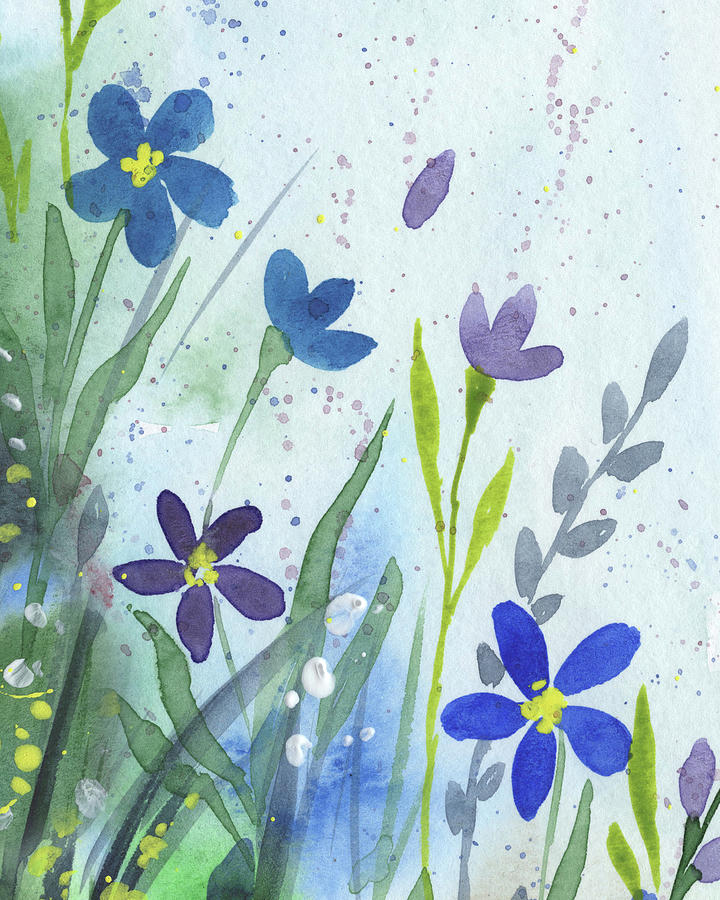Sweet Wildflowers In The Field Abstract Cool Tones Watercolor VII Painting by Irina Sztukowski