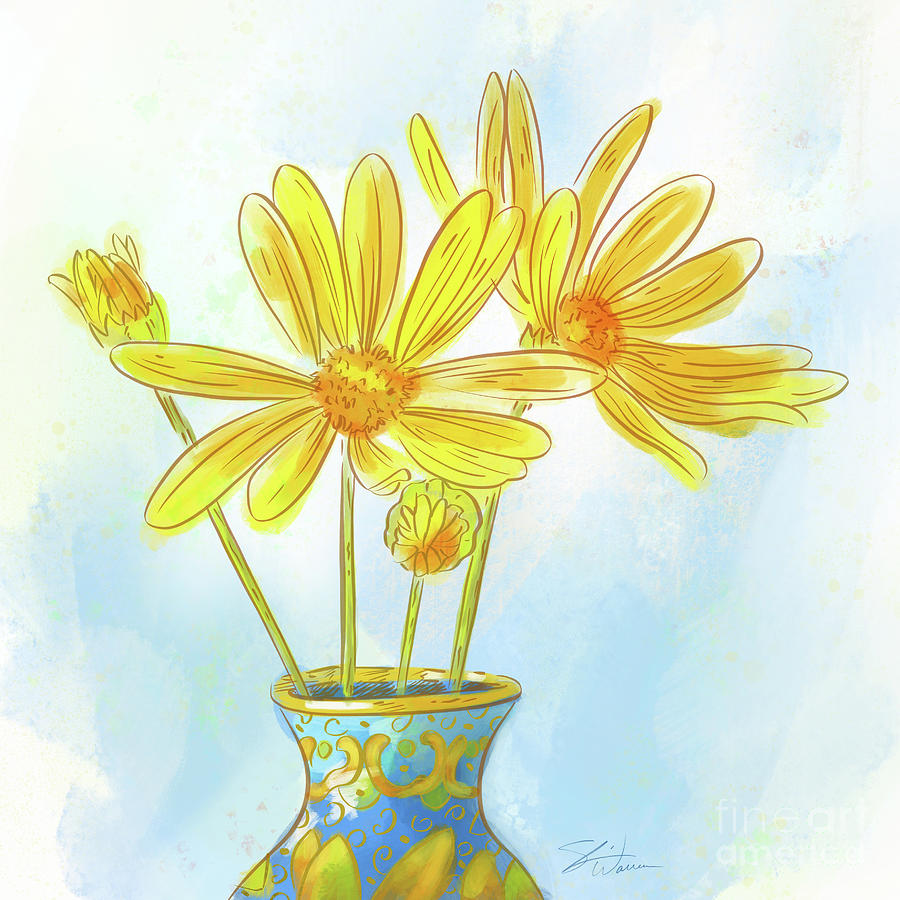 Sweet Yellow Daisies in a Vase Mixed Media by Shari Warren